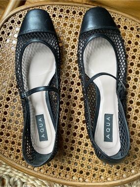 Aqua Black Mesh Mary Jane Flats with Cap Toe
